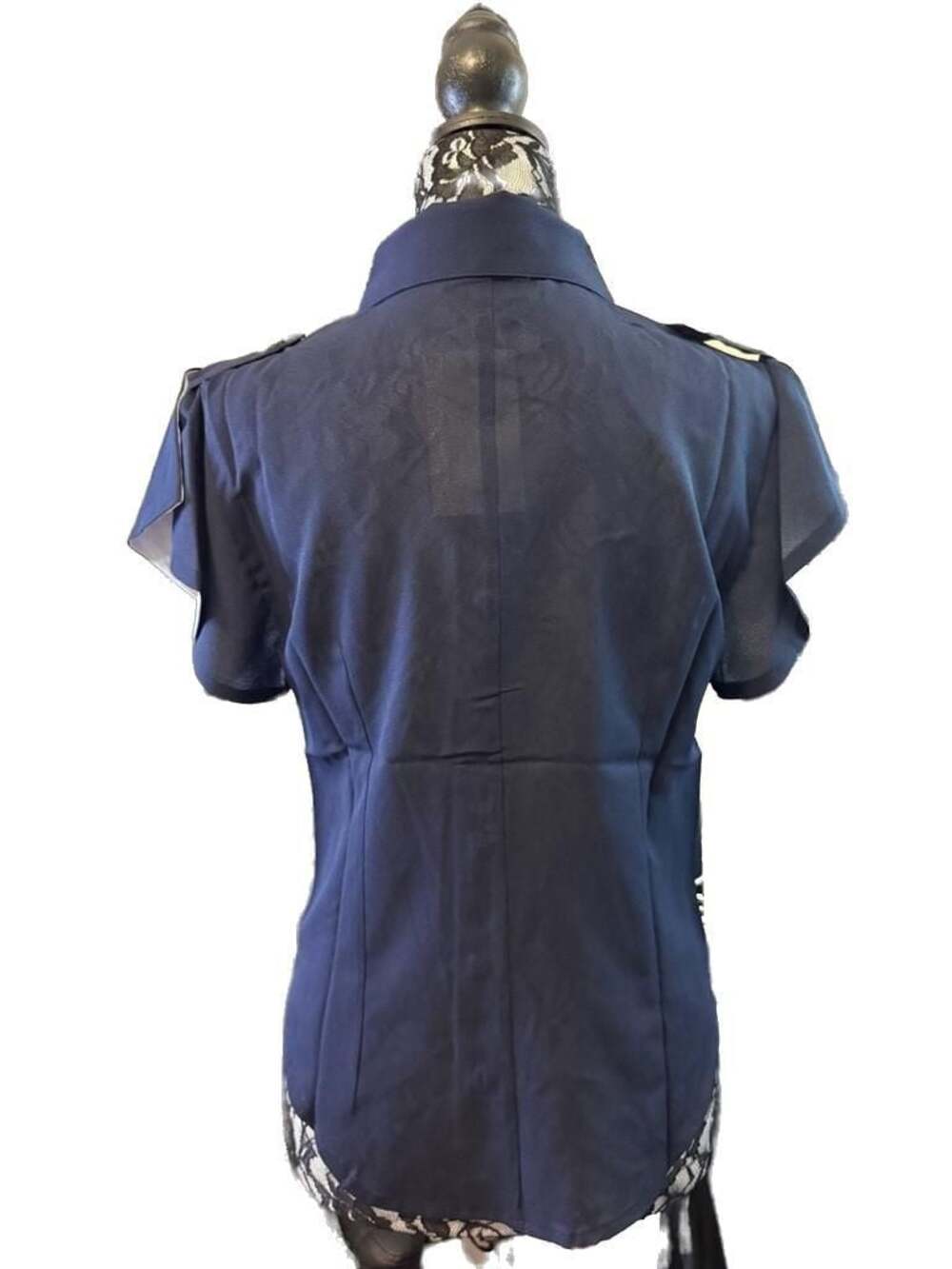Tulip B Navy Bow Tie Blouse Button Front Short Sleeve Top Size Med NWT - Picture 3 of 5